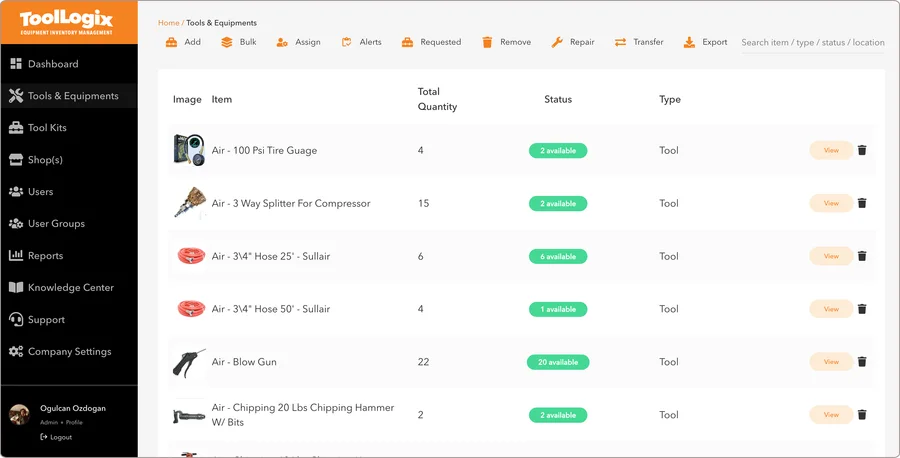 ToolLogix company-wide dashboard with inventory summary and asset value
