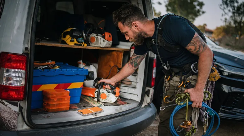 Worker using the ToolLogix app beside a stocked tool van